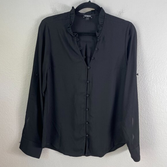 Express Womens Small Black Ruffle Neck Button Up Blouse Roll Tab Sleeve Shirt - Picture 1 of 7
